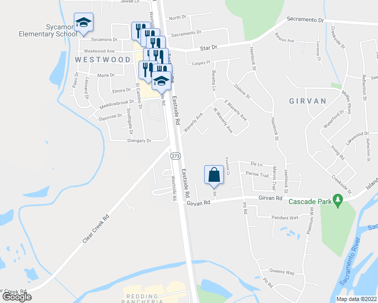 map of restaurants, bars, coffee shops, grocery stores, and more near 6831 Eastside Road in Redding