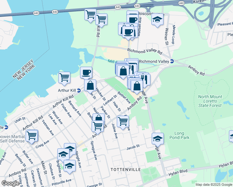 map of restaurants, bars, coffee shops, grocery stores, and more near 270 Bethel Avenue in Staten Island