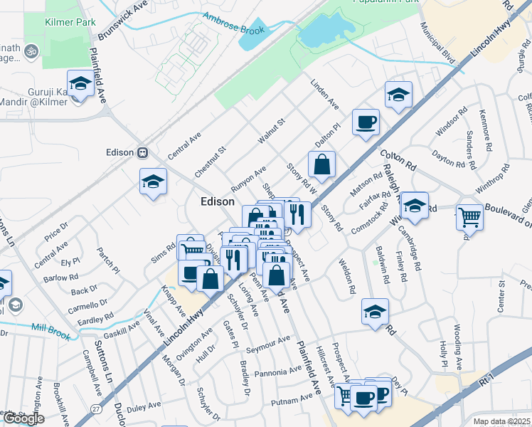 map of restaurants, bars, coffee shops, grocery stores, and more near 151 Prospect Avenue in Edison