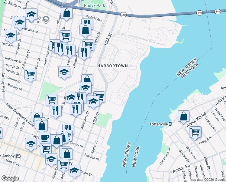 map of restaurants, bars, coffee shops, grocery stores, and more near 547 Hartford Street in Perth Amboy