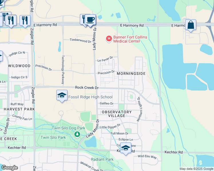 map of restaurants, bars, coffee shops, grocery stores, and more near 3739 Precision Drive in Fort Collins