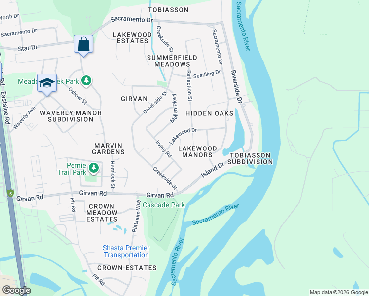map of restaurants, bars, coffee shops, grocery stores, and more near 6951 Dennis Court in Redding