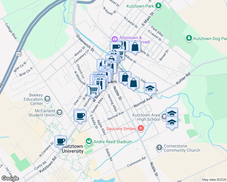 map of restaurants, bars, coffee shops, grocery stores, and more near 236 Sander Alley in Kutztown