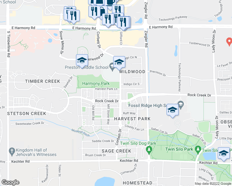 map of restaurants, bars, coffee shops, grocery stores, and more near 2826 Golden Wheat Lane in Fort Collins