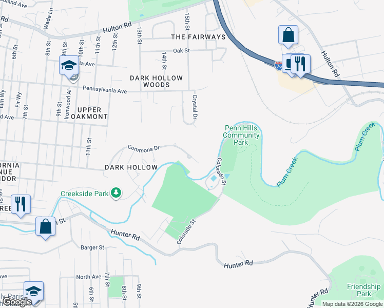 map of restaurants, bars, coffee shops, grocery stores, and more near 273 Commons Drive in Oakmont