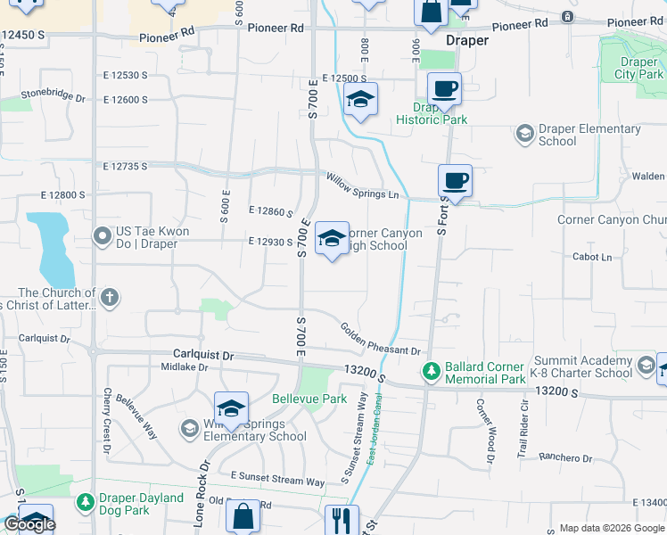 map of restaurants, bars, coffee shops, grocery stores, and more near 12943 700 East in Draper