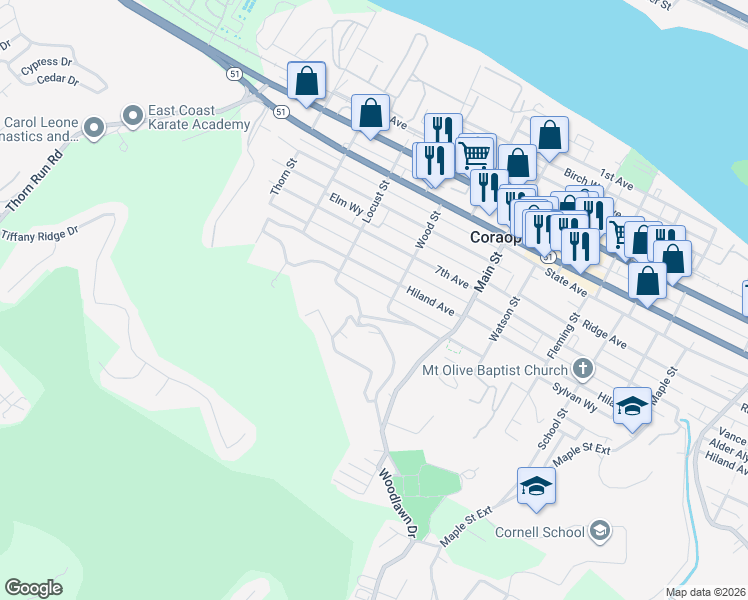 map of restaurants, bars, coffee shops, grocery stores, and more near 810 Wood Street in Coraopolis