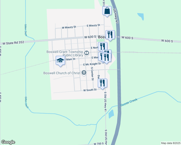 map of restaurants, bars, coffee shops, grocery stores, and more near 102-198 East Spies Street in Boswell