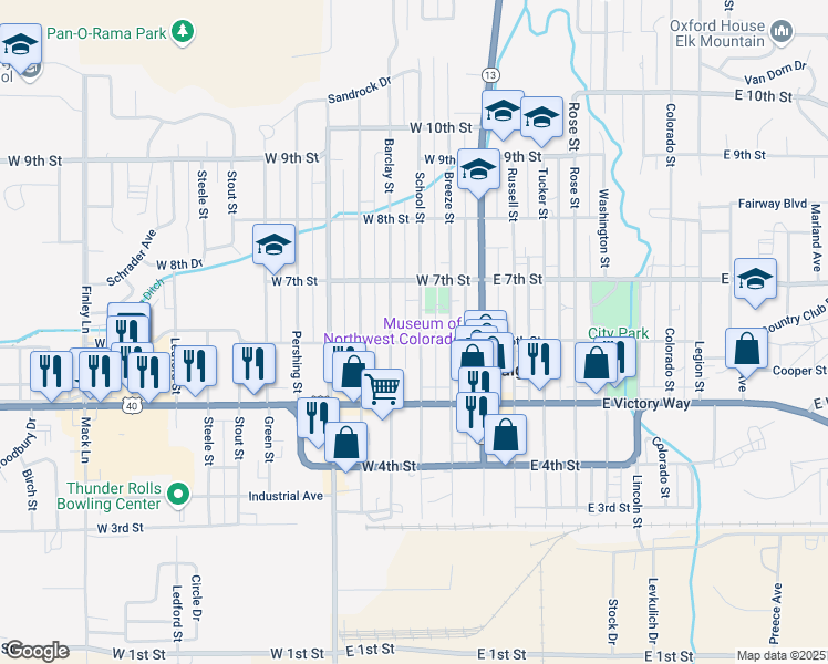 map of restaurants, bars, coffee shops, grocery stores, and more near 600-618 School St in Craig