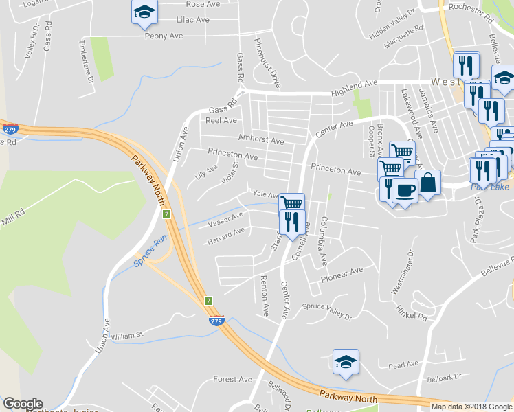 map of restaurants, bars, coffee shops, grocery stores, and more near 38 Vassar Avenue in Pittsburgh