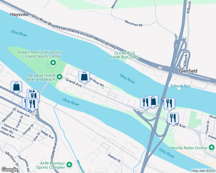map of restaurants, bars, coffee shops, grocery stores, and more near 7026 Front River Road in Pittsburgh
