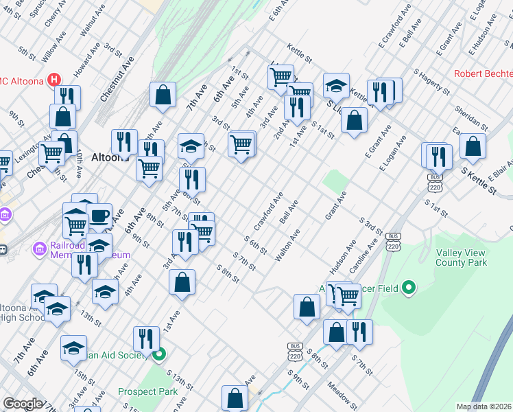 map of restaurants, bars, coffee shops, grocery stores, and more near 429 1st Avenue in Altoona