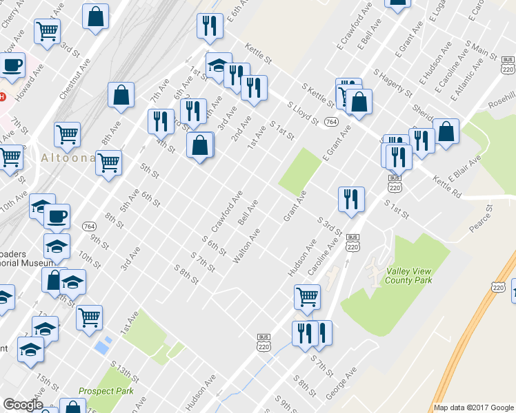 map of restaurants, bars, coffee shops, grocery stores, and more near 327 Bell Avenue in Altoona