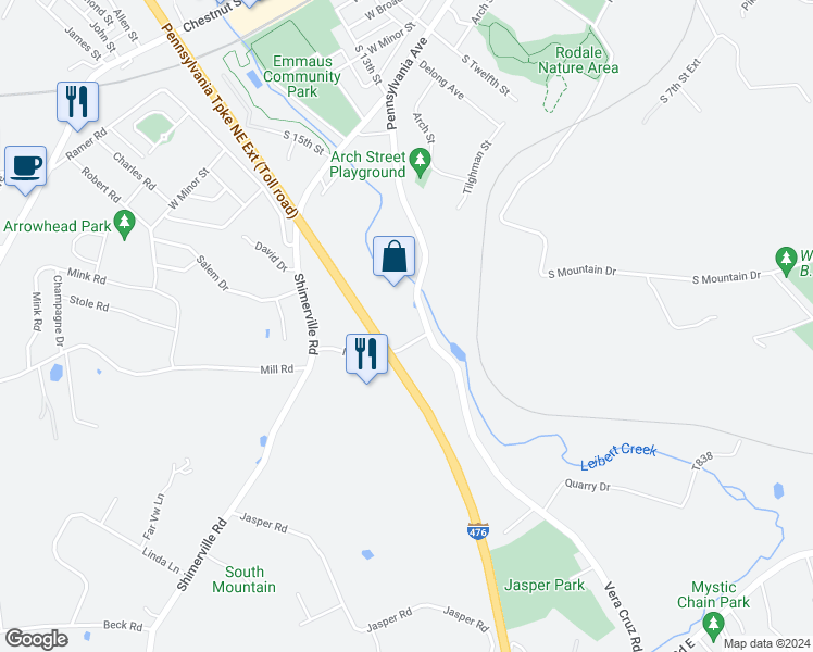 map of restaurants, bars, coffee shops, grocery stores, and more near 4031 Mill Road in Emmaus