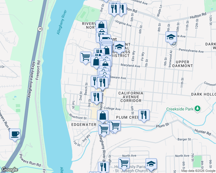 map of restaurants, bars, coffee shops, grocery stores, and more near 361 Washington Avenue in Oakmont