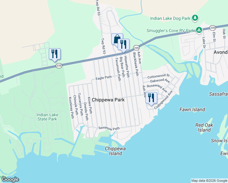 map of restaurants, bars, coffee shops, grocery stores, and more near 11314 Mohawk Path in Lakeview