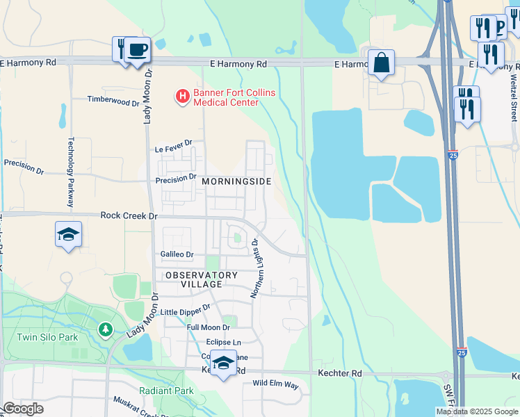 map of restaurants, bars, coffee shops, grocery stores, and more near 5038 Brookfield Drive in Fort Collins