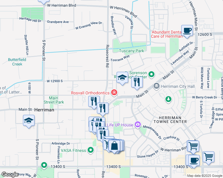 map of restaurants, bars, coffee shops, grocery stores, and more near 12957 Rokeby Lane in Herriman