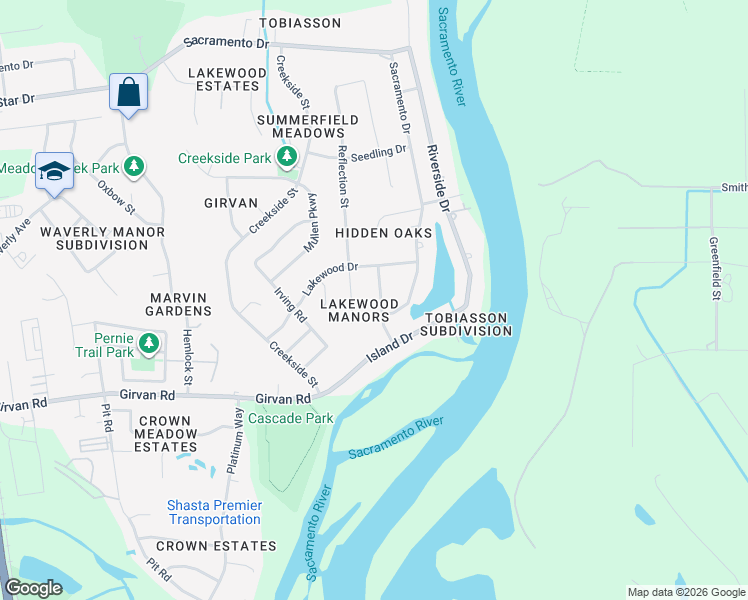 map of restaurants, bars, coffee shops, grocery stores, and more near 6966 River Drive in Redding