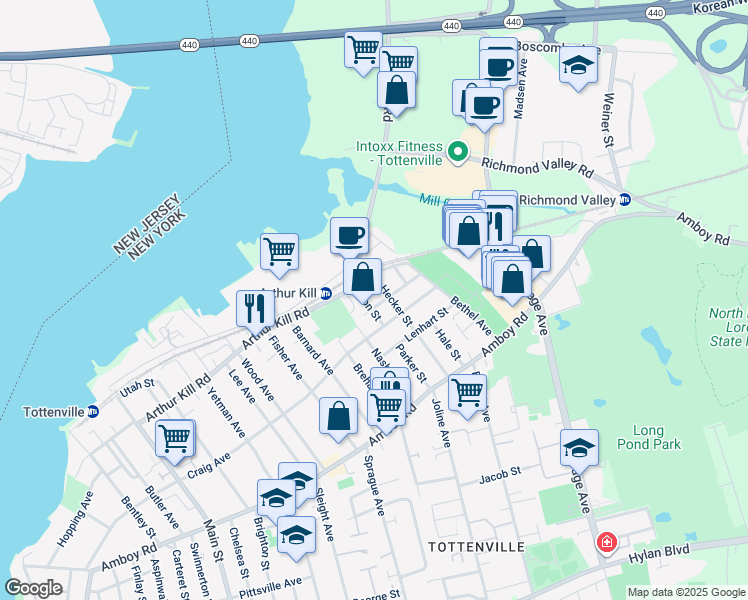map of restaurants, bars, coffee shops, grocery stores, and more near 110 Hecker Street in Staten Island