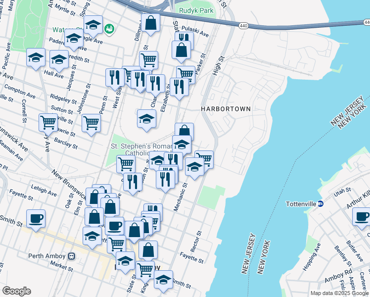 map of restaurants, bars, coffee shops, grocery stores, and more near 105 Pearl Place in Perth Amboy