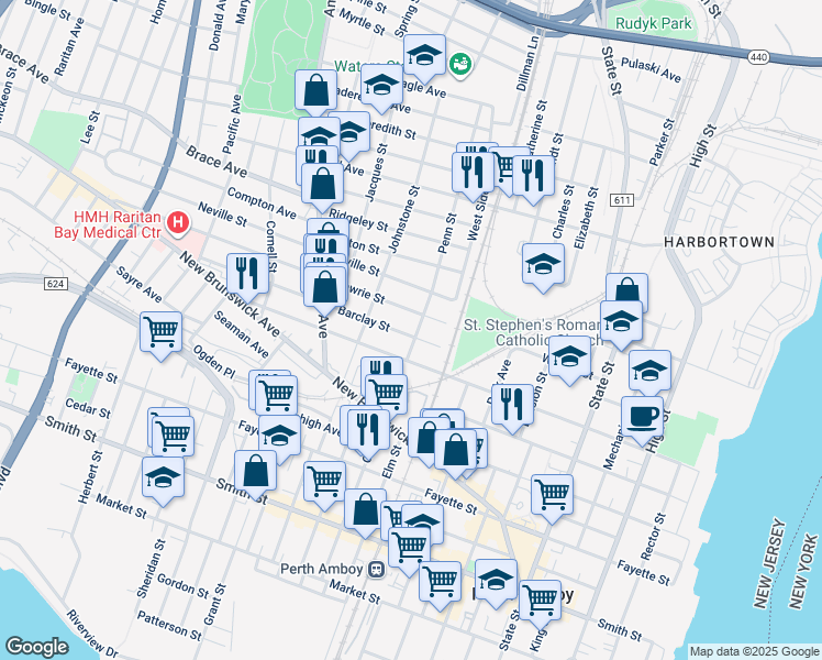 map of restaurants, bars, coffee shops, grocery stores, and more near 294 Barclay Street in Perth Amboy