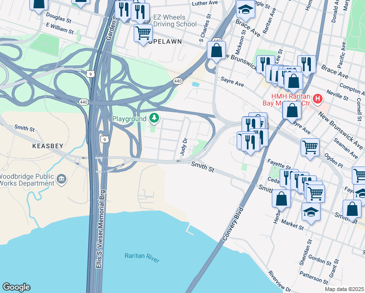 map of restaurants, bars, coffee shops, grocery stores, and more near 52 Judy Drive in Woodbridge Township