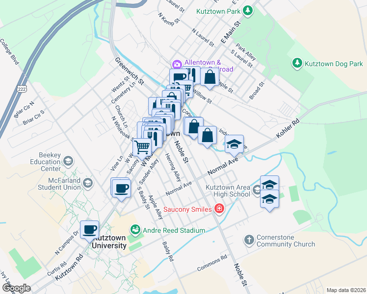 map of restaurants, bars, coffee shops, grocery stores, and more near 56 Bieber Alley in Kutztown