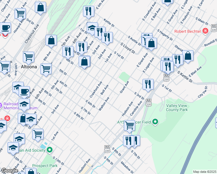 map of restaurants, bars, coffee shops, grocery stores, and more near 321 Bell Avenue in Altoona