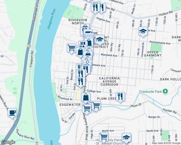 map of restaurants, bars, coffee shops, grocery stores, and more near 361 Washington Avenue in Oakmont