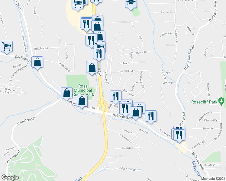 map of restaurants, bars, coffee shops, grocery stores, and more near 119 Tillotson Circle in Pittsburgh