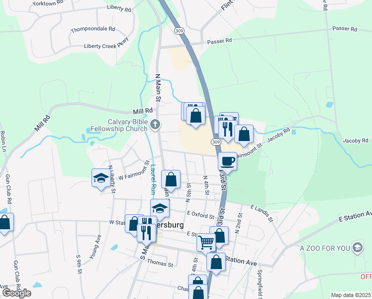 map of restaurants, bars, coffee shops, grocery stores, and more near 4173 Fairmont Street in Coopersburg