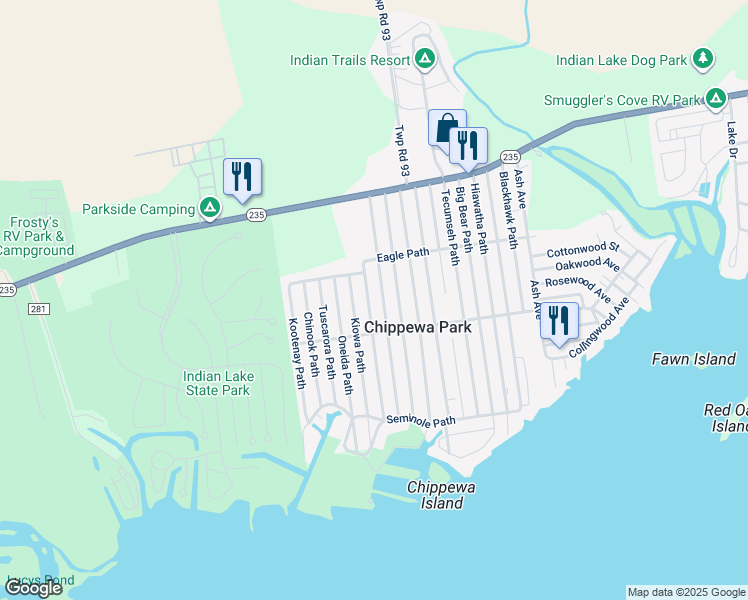 map of restaurants, bars, coffee shops, grocery stores, and more near 11350 Shawnee Path in Lakeview