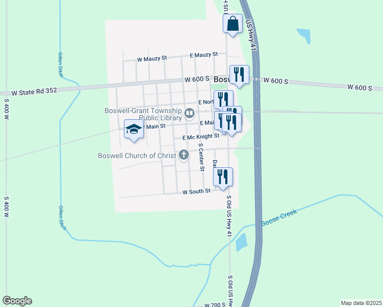 map of restaurants, bars, coffee shops, grocery stores, and more near 102 East Spies Street in Boswell