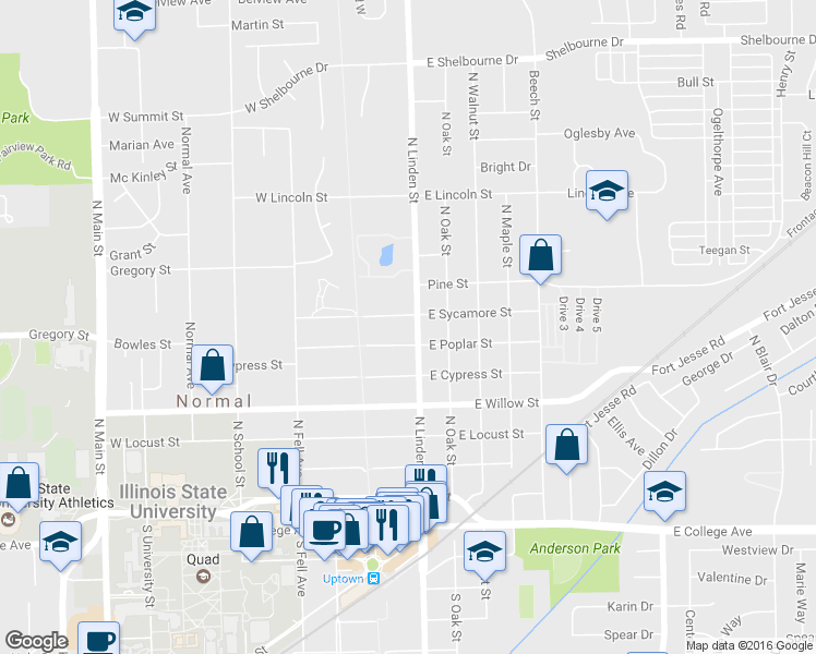 map of restaurants, bars, coffee shops, grocery stores, and more near 705 North Linden Street in Normal