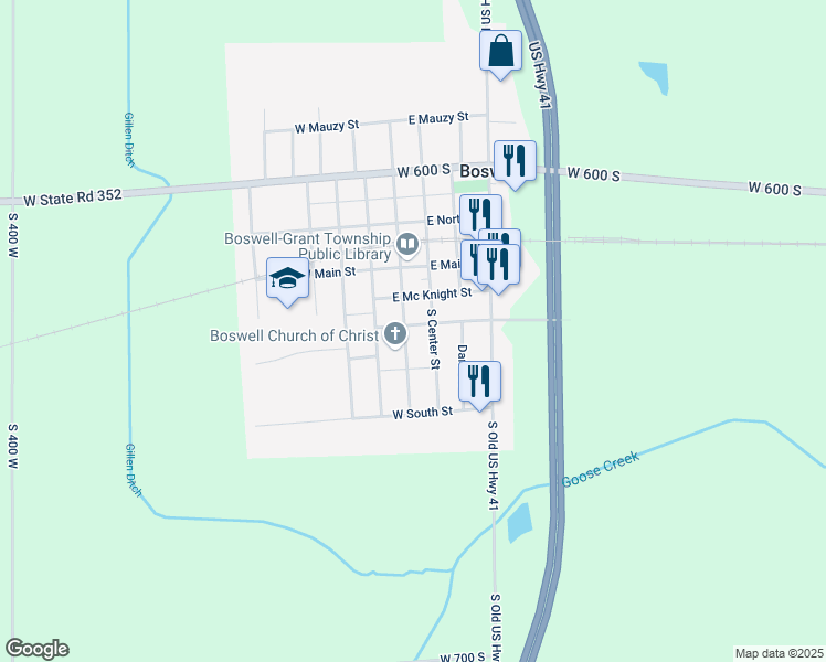 map of restaurants, bars, coffee shops, grocery stores, and more near 102 East Spies Street in Boswell