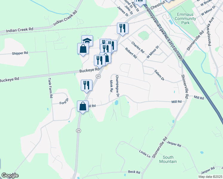 map of restaurants, bars, coffee shops, grocery stores, and more near 4178 Mink Road in Emmaus