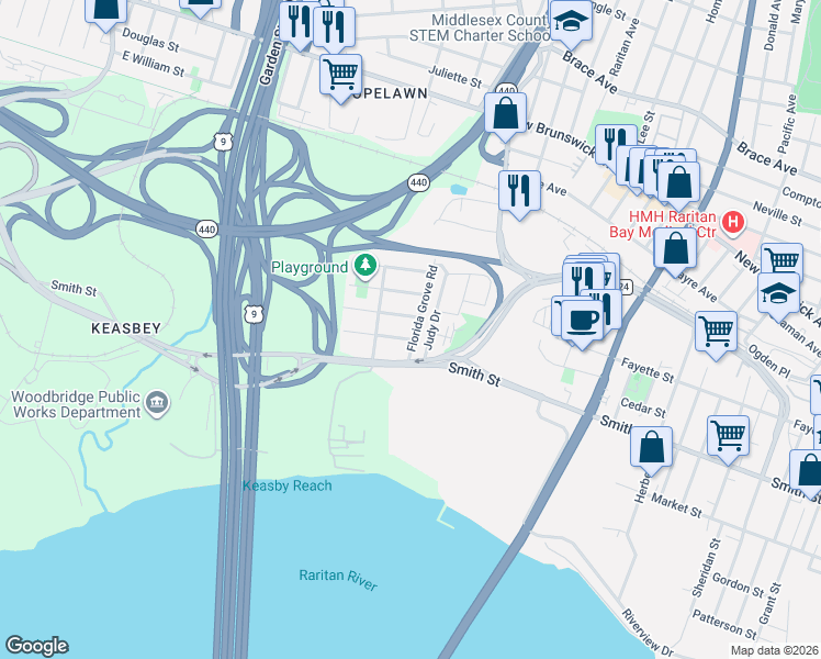 map of restaurants, bars, coffee shops, grocery stores, and more near 25 Florida Grove Road in Woodbridge Township