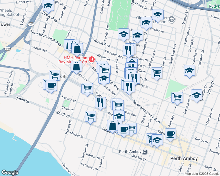 map of restaurants, bars, coffee shops, grocery stores, and more near 440 Seaman Avenue in Perth Amboy