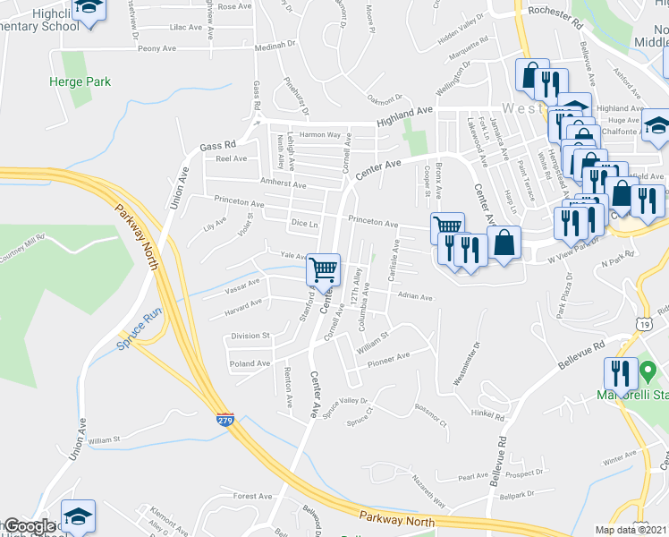 map of restaurants, bars, coffee shops, grocery stores, and more near 1405 Center Avenue in West View
