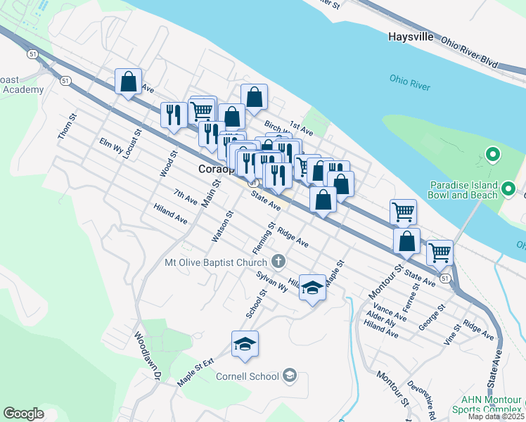 map of restaurants, bars, coffee shops, grocery stores, and more near 1034 State Avenue in Coraopolis