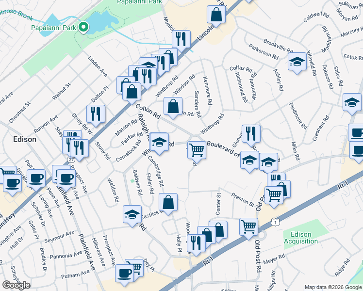 map of restaurants, bars, coffee shops, grocery stores, and more near 131 Winthrop Road in Edison