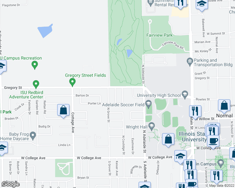 map of restaurants, bars, coffee shops, grocery stores, and more near 506 Amherst Drive in Normal