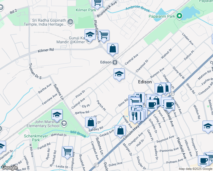 map of restaurants, bars, coffee shops, grocery stores, and more near 4 Rutgers Street in Edison