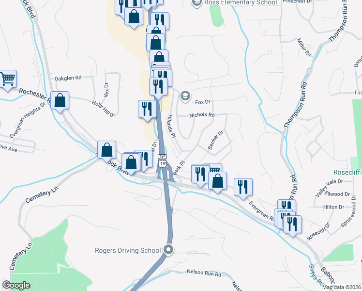 map of restaurants, bars, coffee shops, grocery stores, and more near 119 Tillotson Circle in Pittsburgh