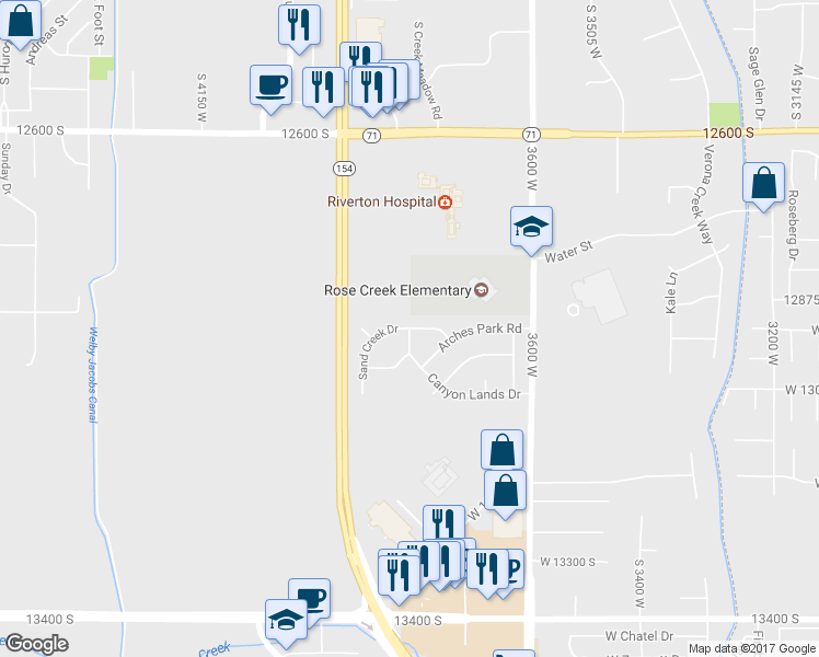 map of restaurants, bars, coffee shops, grocery stores, and more near Sand Creek Drive in Riverton