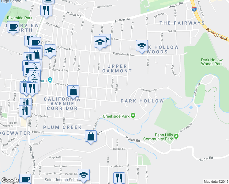 map of restaurants, bars, coffee shops, grocery stores, and more near 435 11th Street in Oakmont