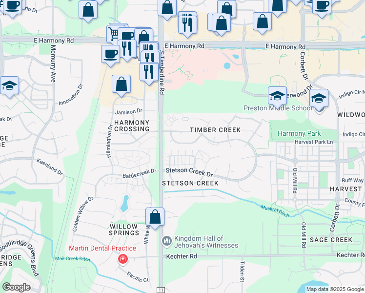 map of restaurants, bars, coffee shops, grocery stores, and more near 2213 Smallwood Drive in Fort Collins