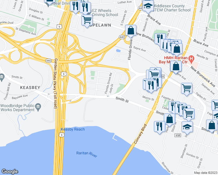 map of restaurants, bars, coffee shops, grocery stores, and more near 52 Judy Drive in Woodbridge Township
