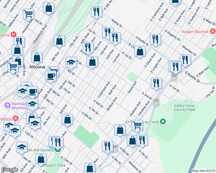 map of restaurants, bars, coffee shops, grocery stores, and more near 405 Crawford Avenue in Altoona